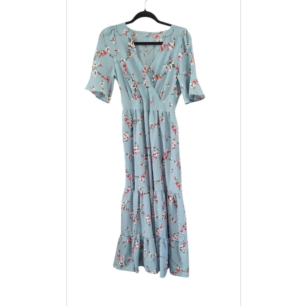 Light Blue Floral Short Sleeve Dress